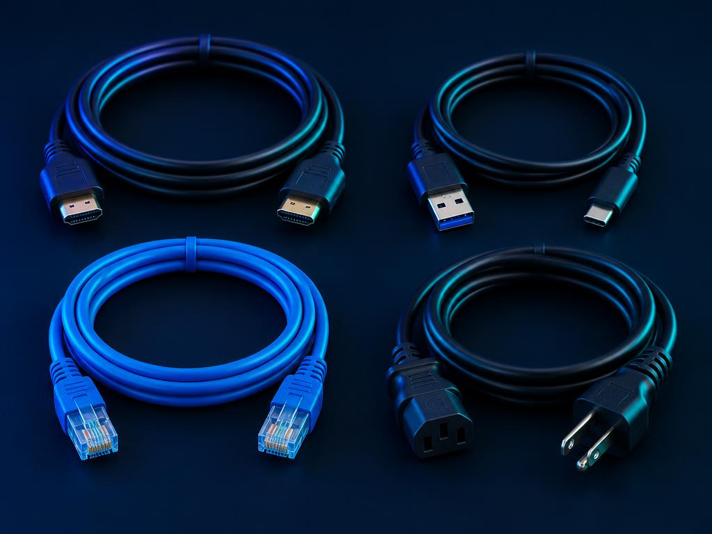 Cabos HDMI, USB, de rede e de fonte ilustrativos
